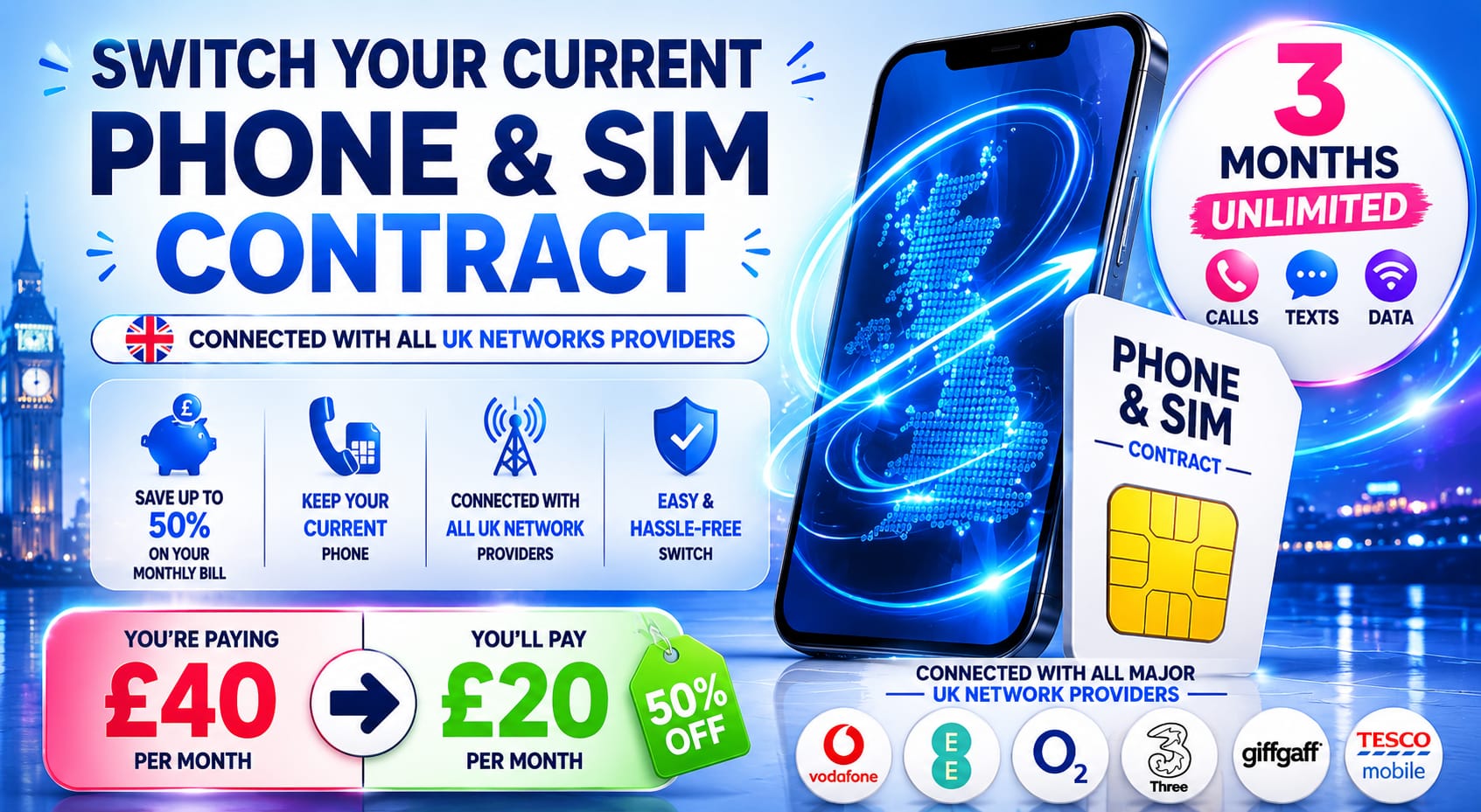 Switch your current phone and SIM contract and pay half price – save up to 50% on your monthly bill with UK network providers