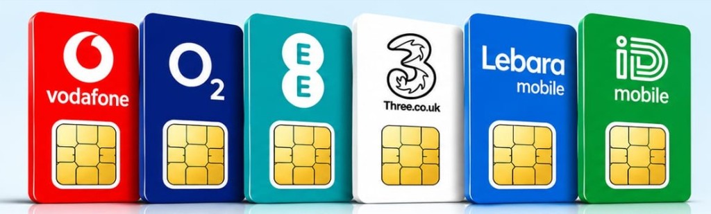 UK network provider SIM cards — Vodafone, O2, EE, Three, Lebara and iD mobile